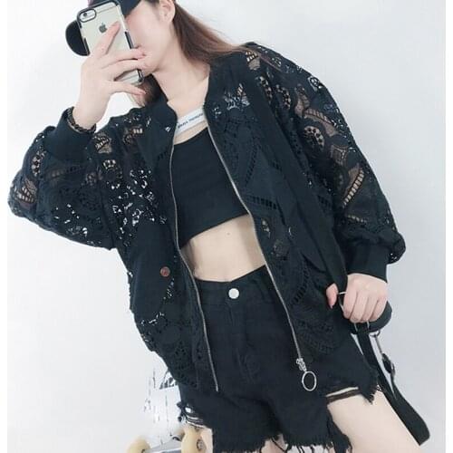 Summer Sun Protection Coat Women Loose Short Paragraph Lace Jacket Hollow Out Spring Coat Female baseball uniform