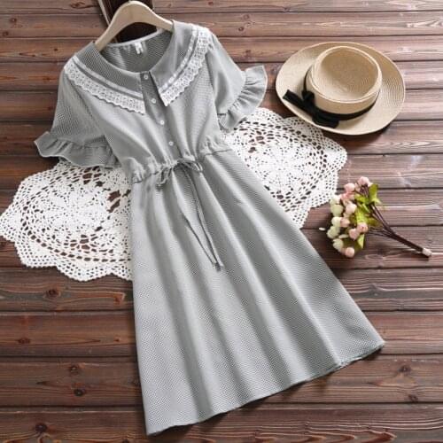 Mori girl cute gray plaid dress new summer fashion peter pan collar short sleeve casual dress