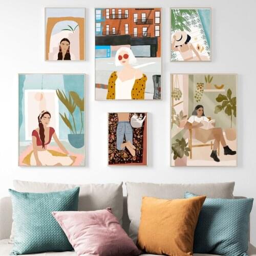 Minimalist Abstract Fashion Girl Yoga Reading Rest Wall Art Print Canvas Painting Nordic Poster Decor Pictures For Living Room