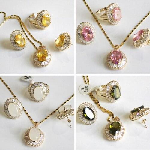 Fashion Jewelry Set Green Pink Yellow White Stone Crystal Zircon Necklace Pendant Earrings Ring Sets Rhinestone For Women Gifts
