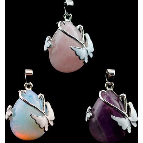 Natural Stone Water-drop Shape Butterfly Simple Style Pendant Necklace Reiki Heal Crystal Jewelry Fashion Trend Hang Accessory