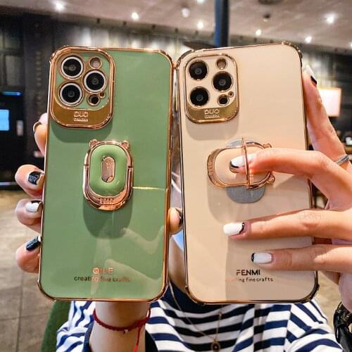 Luxury Plating Silicone Ring Bracket Phone Case For iPhone 13 12 11 Pro XS max XR X 8 7 Plus Ultra-thin Shockproof Stand Cover