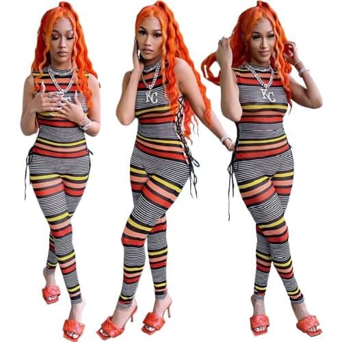 S-2XL Streetwear Summer Romper 2021 Sleeveless Printed Striped Round Neck Sport Sexy Jumpsuit Women Wholesale Dropshipping