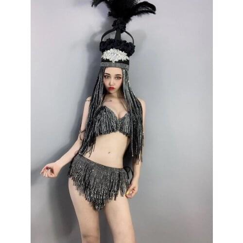 Sexy 2 Style Silver Stones Full Fringe Bra Short Outfit Set Women Singer Bodysuit Bar Dancer DS Bikini Lingerie Outfit Set