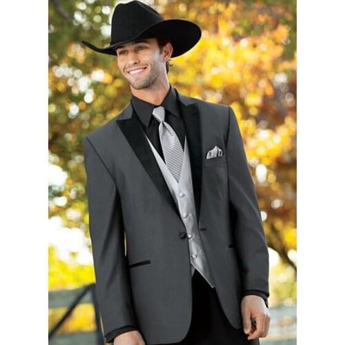 Silver Vest Tie Gray jacket Black Pant Peaked Lapel One Button 3PiecesFashion Men Suits Bespoke Tuxedos Latest Coat Pant Designs