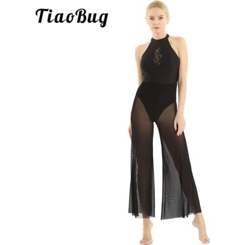TiaoBug Women Adults Halter Sequins Lace Flare Culottes Ballet Gymnastics Leotard Dress Stage Performance Lyrical Dance Costumes