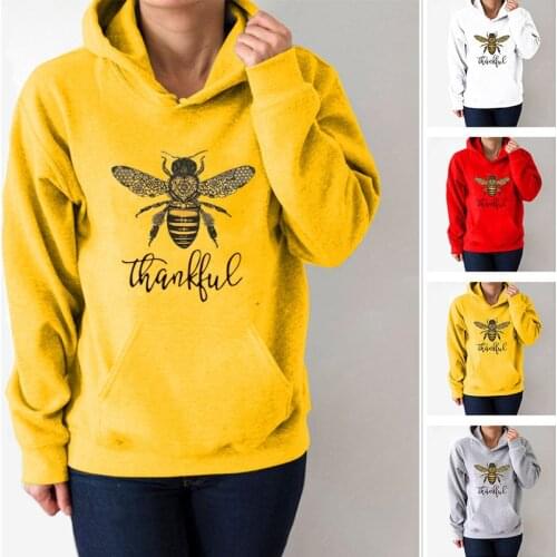 Bee Thankful Printed Hoodies Women Fleece Long Sleeve Loose Sweatshirt with Hat Girls Women Hoodie Pullovers Winter