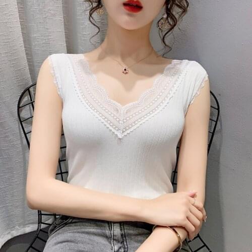 Sexy Knitted Top Summer V-Neck Tank Tops Women Camisole Blouse Sleeveless Lace Female Sleveless Vest Casual Camis Clothing White