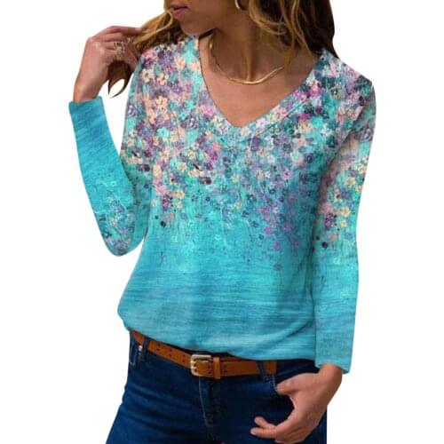 2021 Autumn Winter New V Neck Long Sleeve Womens T-Shirt Fashion Floral 3D Print Ladies Tshirt Casual Loose Streetwear Tee Tops