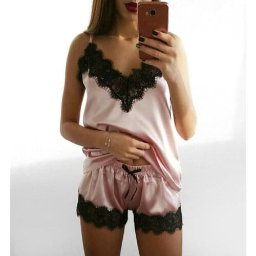 Women Sleepwear Sexy Satin Pajama Set Black Lace V-Neck Pyjamas Sleeveless Cami Top and Shorts