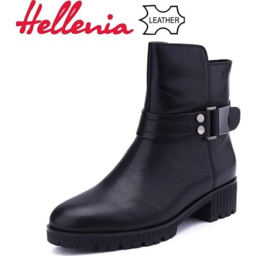 Hellenia 2018 New Wool Women Winter Snow Boots Buckle Quality Leather Shoes Fur Waterproof Genuine Cow Leather Wedge Footwear