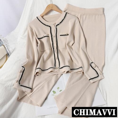 2020 New Autumn Korean Color Block Round Neck Double Pocket Knit Cardigan Top + Loose Wide Leg Pants Two-Piece Pants Set Women