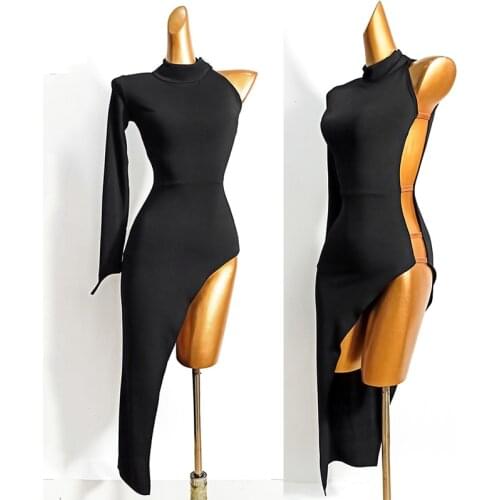 Sexy Latin Dance Costume Women Black Dress Long Sleeve High Split Irregular Dress Salsa Tango Dance Dress Practice Wear DB3038
