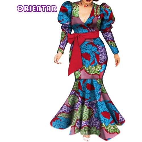 African Clothes Women Sexy V-neck Puff Sleeve African Dress Long Party Dress African Print Cotton Maxi Dress Plus Size WY5494
