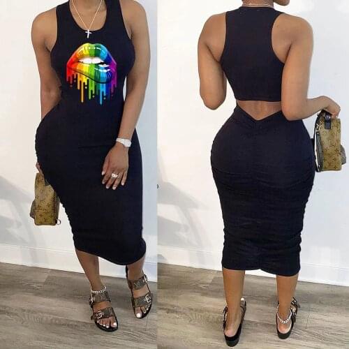 Casual Summer Women Long Dress Sleeveless Back Hollow Out Sexy Dresses Outfit Big Mouth Print Fashion Skinny Clubwear Clothings