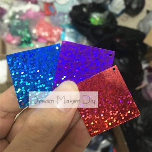 150pcs Large Square Laser/Holographic Sequins 30mm PVC Sequin Flat Round Paillette Hologram Sequins Decoration Side Hole