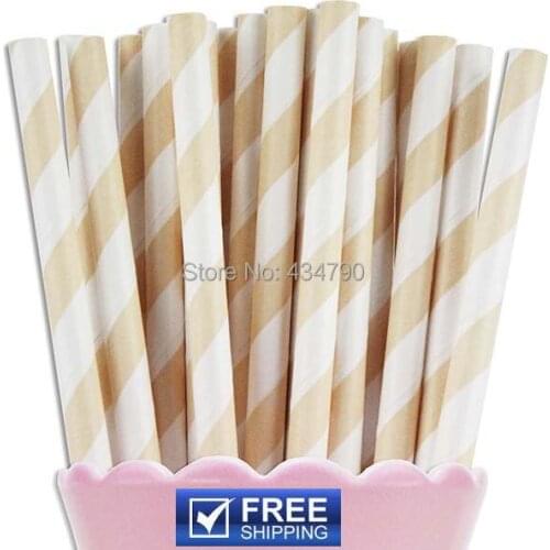 200pcs Ivory Cream Striped Paper Straws Party,Wholesale Bulk Beige Birthday Party Detail in Milk Bottle, Retro Kitschy Fun