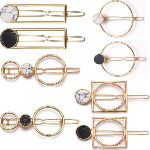 2020 Retro Fashion Women Girls Metal Circle Square Hair Clips Natural Stone Hairpins Barrettes Wedding Hair Clip Accessories