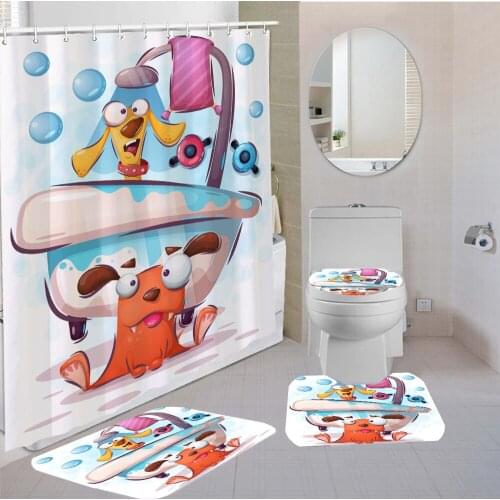 4 Pieces Curtains Cute Cartoon Shower Curtain Animal Kids Bath Sets 3D Printing Bathroom Comfortable And Soft Shower Curtain Set