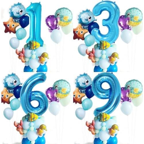 43pcs Ocean Sea Animal Balloon Set Blue number balloon Mermaid theme Party Metallic Latex Balloon Kids Birthday Party Decoration