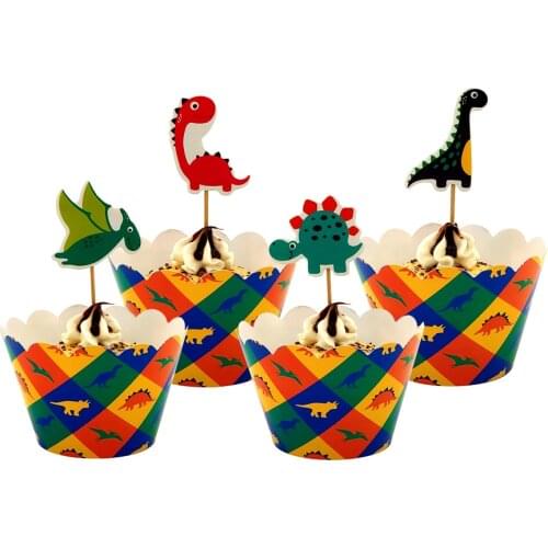 Cake Accessory 24pcs/lot 2019 New Dinosaur 12pcs Wrappers + 12pcs Toppers for Children Kids Birthday Party Cupcake Decoration