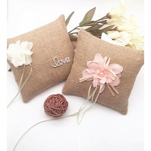 Free shipping DIY handmade 15cmx15cm Burlap Jute Wedding Ring Pillow wedding decorations Wedding Ceremony Ring Bearer Pillow