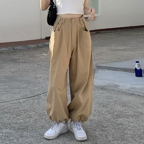 Streetwear Loose Cargo Pants Women Adjustable Waist Trousers Baggy High Waist Pants Hip Hop Capri Bottom pantalon femme