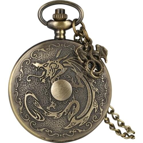 Bronze Fiery Dragon Fire Retro Punk Evil Dragon Quartz Pocket Watch Necklace Pendant Chain for Men Women with Dragon Accessory
