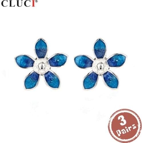 CLUCI 3 pair 925 Sterling Silver Flower Stud Earrings for Women Silver 925 Pearl Earrings Mounting Flower Earrings SE036SB