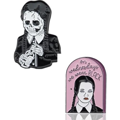 Adams Family Wednesday Skeleton Brooch Spooky Punk-Style Adams pins Evil Girl Skeleton Hard Enamel Pin As a badge for gift