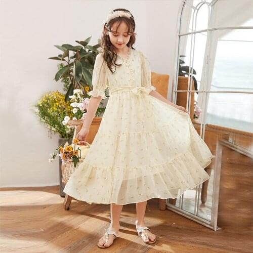 Girls Summer Cloth Floral Princess Dress Long Skirts Chiffon Elegant Bow 3-14 Year for Cute Girls Korean Style Children Clothing
