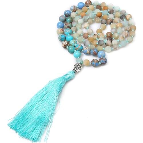 Frosted Amazonite & Emperor Stone 108 Mala Beads Knotted Necklace Men Women Yoga Blessing Jewelry with Buddha Head and Tassels