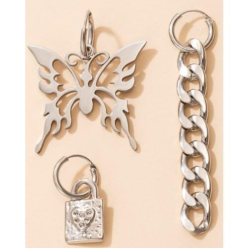 Docona Trendy Hollow Butterfly Earrings Set for Women Charm Long Chain Lock Key Drop Earring Female Party Jewelry серьги 16861