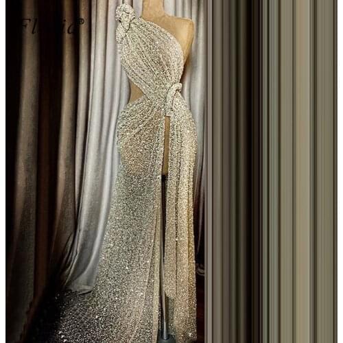 Muslim One Shoulder Long Prom Dress 2020 Mermaid Glitter Sequins Robe De Soiree Kaftan Couture Women Pageant Evening Gowns