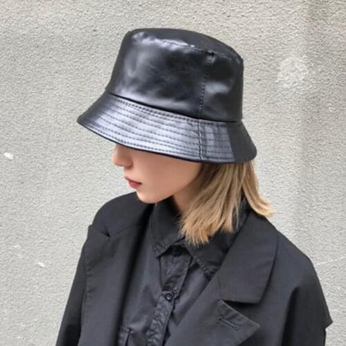 Fashion PU Leather Bucket Hat Women Fisherman Cap Solid Color Foldable Hip-Hop Street Waterproof Panama Hats