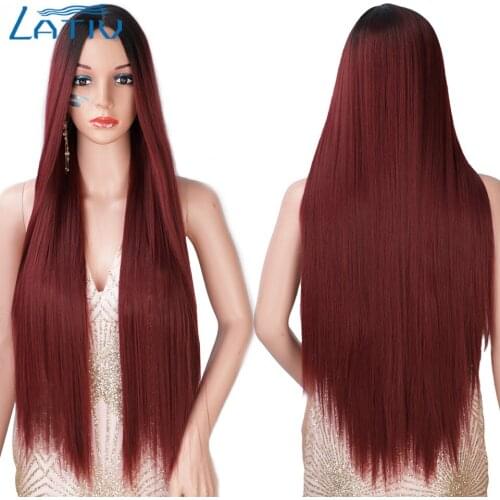 Lativ Long Straight Wig Ombre Red Synthetic Wigs for Women Middle Part Natural Heat Resistant Wig for Daily Party Use