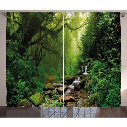 Forest Curtains Landscape of Deep Forest and Creek Satin Fabric Drapes for Living Room Bedroom 2 Panel Window Set
