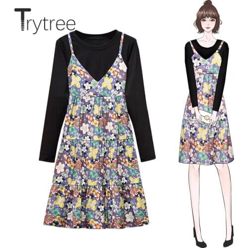 Trytree Spring Women Dress Casual O-neck Black Top Patchwork Sling Dress Print Office Lady Fake two pieces Knee-Length Dress