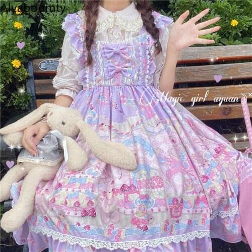 Japanese Women Sweet Lolita JSK Dress Blue Black Purple Pink Cartoon Printed Sleeveless Dress Cute Kawaii Bow Ruffles Sundress
