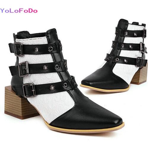 2021 Autumn Winter Women Ankle Boots PU Leather Thick Heel Ladies Short Boots Fashion Mixed Color Back Zipper Womens Boots Blue