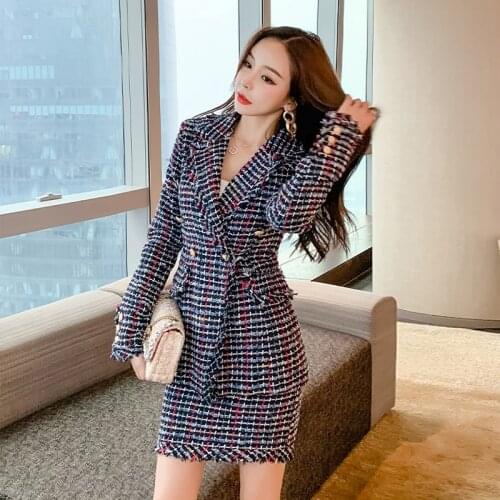 Fashion winter autumn comfortable plaid 2 pieces women sets slim jacket and mini a-line skirt thick warm office lady women sets