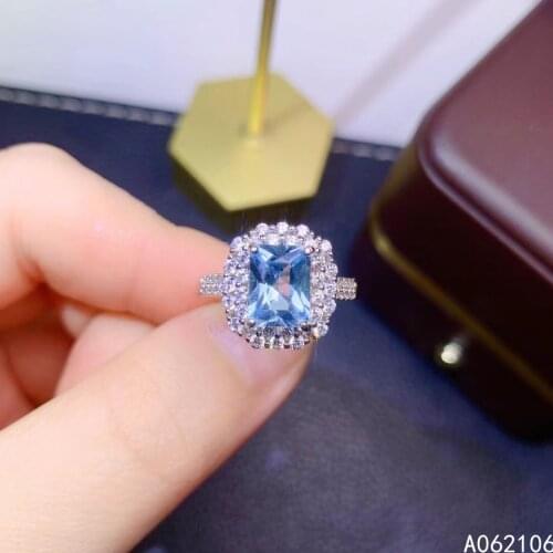 925 Pure Silver Chinese Style Natural Aquamarine Womens Luxury Lovely Rectangle Adjustable Gem Ring Fine Jewelry Support Detect