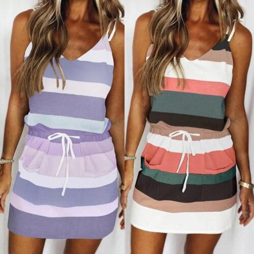 Women Dress Summer Loose Strap Drawstring Waistband Sleeveless V Neck Striped Vest Dresses Fashion Casual Ladies Dress Vestidos