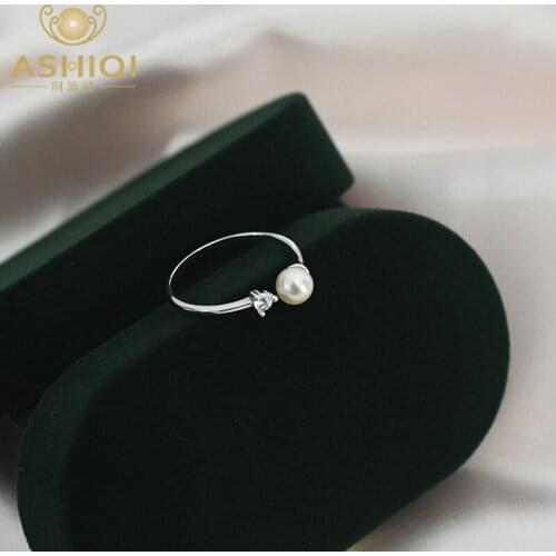 ASHIQI Natural freshwater pearl flash diamond 925 silver opening adjustable ring does not fade for women