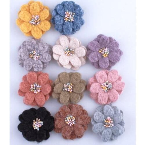 200PCS 5CM New Fashion Cute Wool Fabric Flowers With Stamen For Cloth Hair Flower For Headbands Hair accessories U Pick Colors