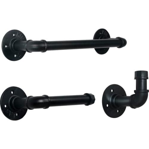 3Pcs Set Tube Support Pipe Bracket Industrial Style Decoration Home Mounting Black Metal Shelf Towel Bar Handle For Batnroom
