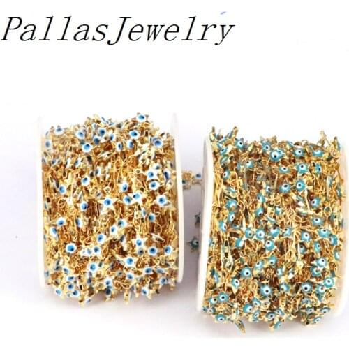 5 Meters, White Blue Enamel Eye Beads Rosary Chains,Gold Wire Wrapped Enamel Stars Beads Chains Choker Necklace Making