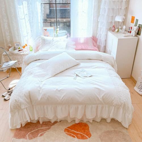 Europe Pure White Lace Ruffle Princess Wedding Bedding Set Cotton Duvet Cover Bedspread Bed Skirt Pillowcases Home Textile
