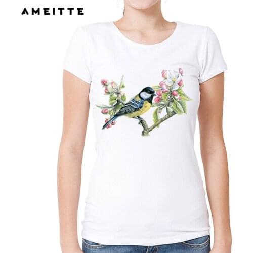 2019 AMEITTE Tit and Apple Blossom T-Shirt Womens/Ladies Trendy Bird Printed T Shirt Summer Female Short Sleeve Tee Tops