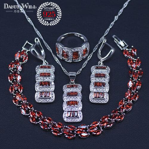 Factory Price Fashion Jewelry Sets For Women silver color Red Wine Color Square Ring Necklace Pendant Earrings Bracelet
